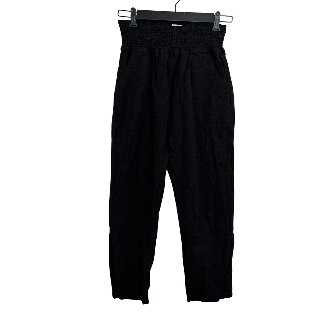 em:me Pants Womens Small Black Linen Smocked Waist Pull On Tapered Leg Casual